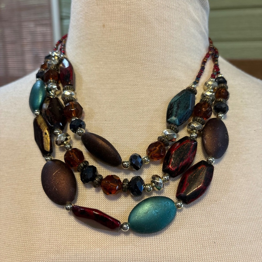 Multi-Strand Beaded Statement Necklace Maroon Turquoise Gold‎ Tone Boho